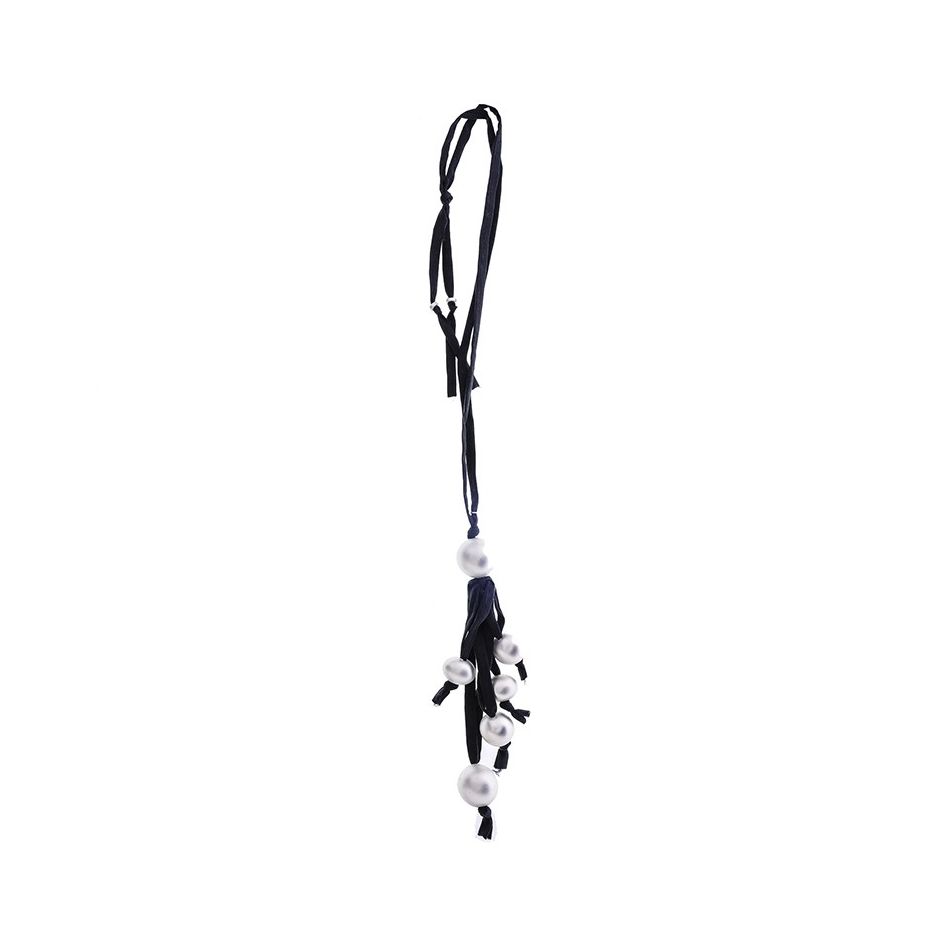 LONG TUBE NECKLACE WITH BALL FRINGE PENDANT