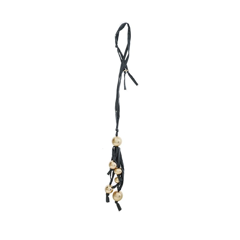 LONG TUBE NECKLACE WITH BALL FRINGE PENDANT