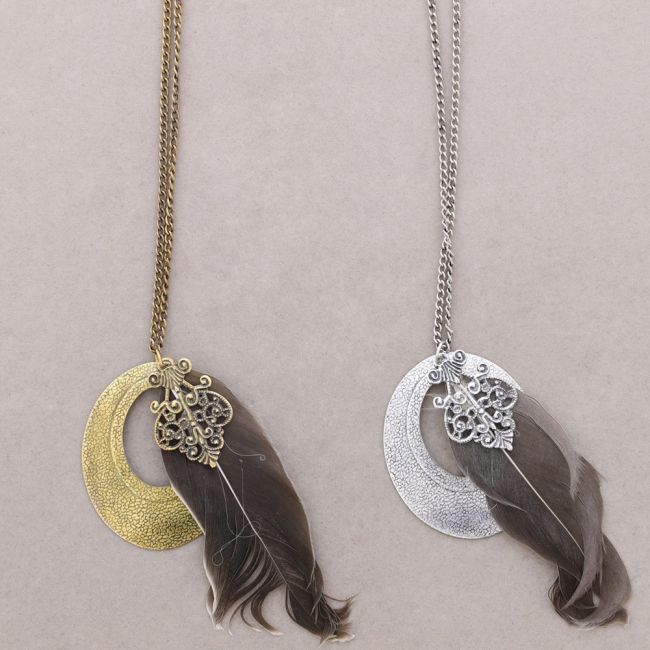 LONG NECKLACE METAL FEATHER PENDANT