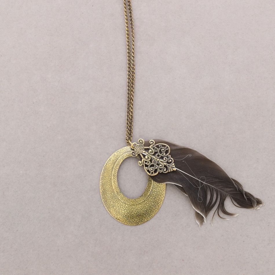LONG NECKLACE METAL FEATHER PENDANT