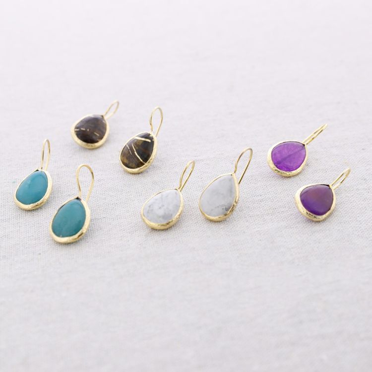 PENDIENTES BRONCE GANCHO HIPPIE PIEDRA IRREGULAR OJO DE GATO 2