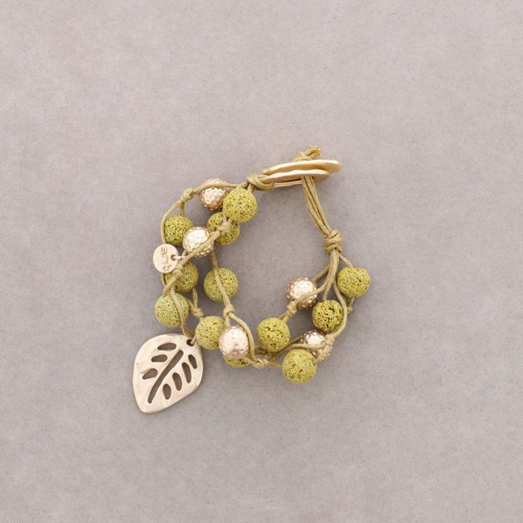 METAL LEAF BRAIDED LAVA BEAD BRACELET