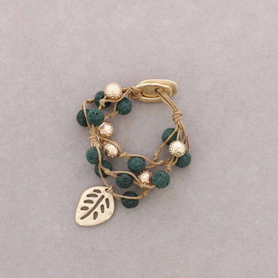 PULSERA CUENTAS LAVAS TRENZADAS HOJA METAL