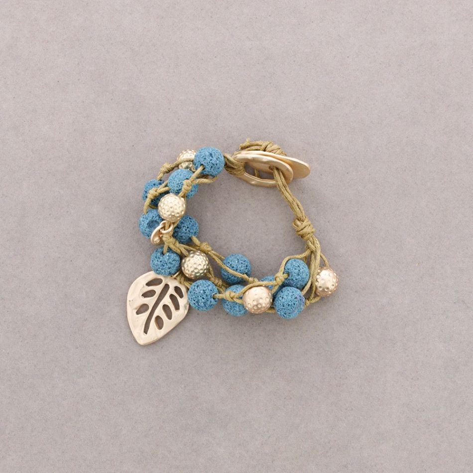 PULSERA CUENTAS LAVAS TRENZADAS HOJA METAL