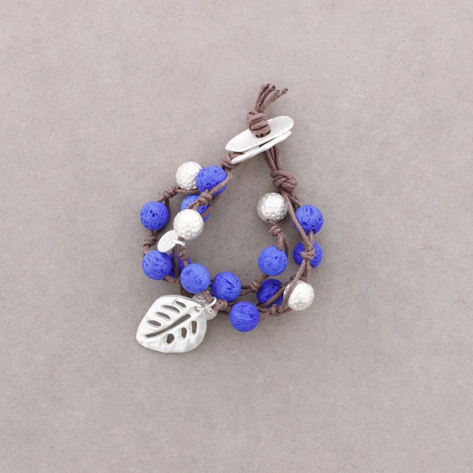 METAL LEAF BRAIDED LAVA BEAD BRACELET