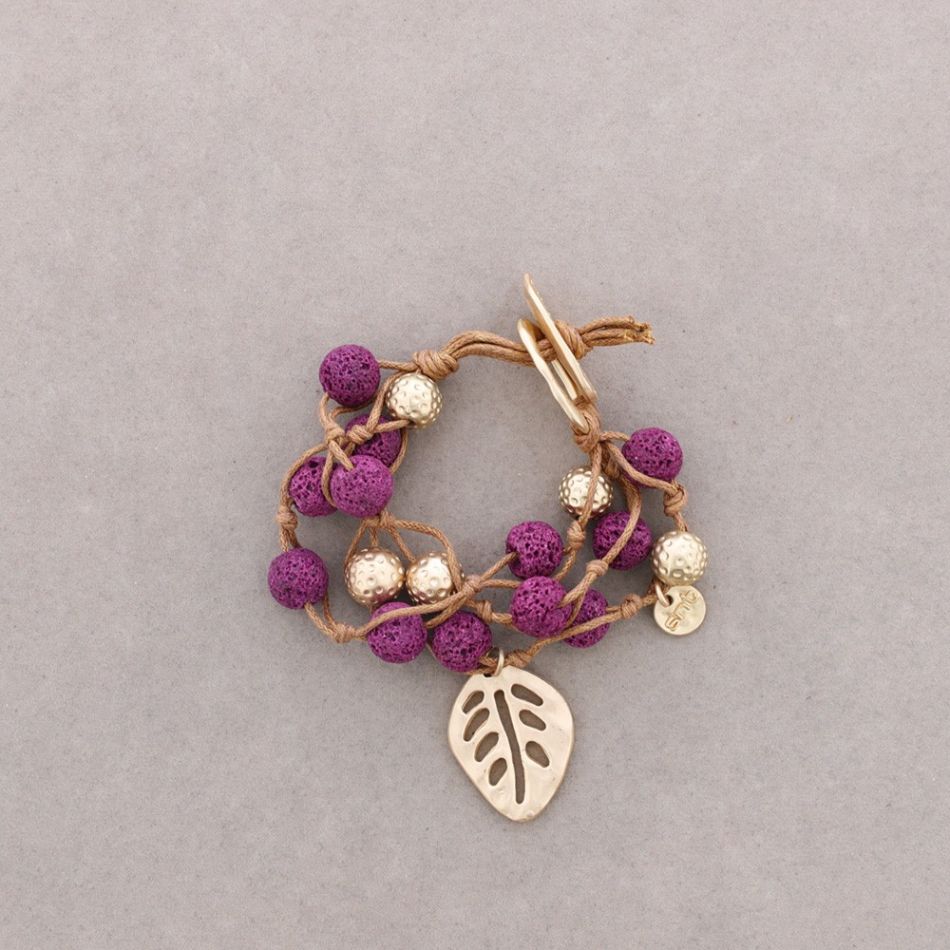 PULSERA CUENTAS LAVAS TRENZADAS HOJA METAL