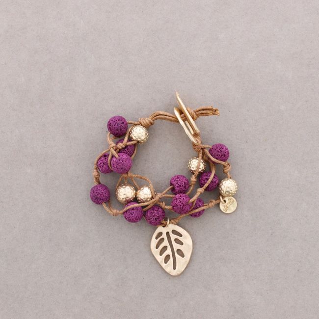 PULSERA CUENTAS LAVAS TRENZADAS HOJA METAL