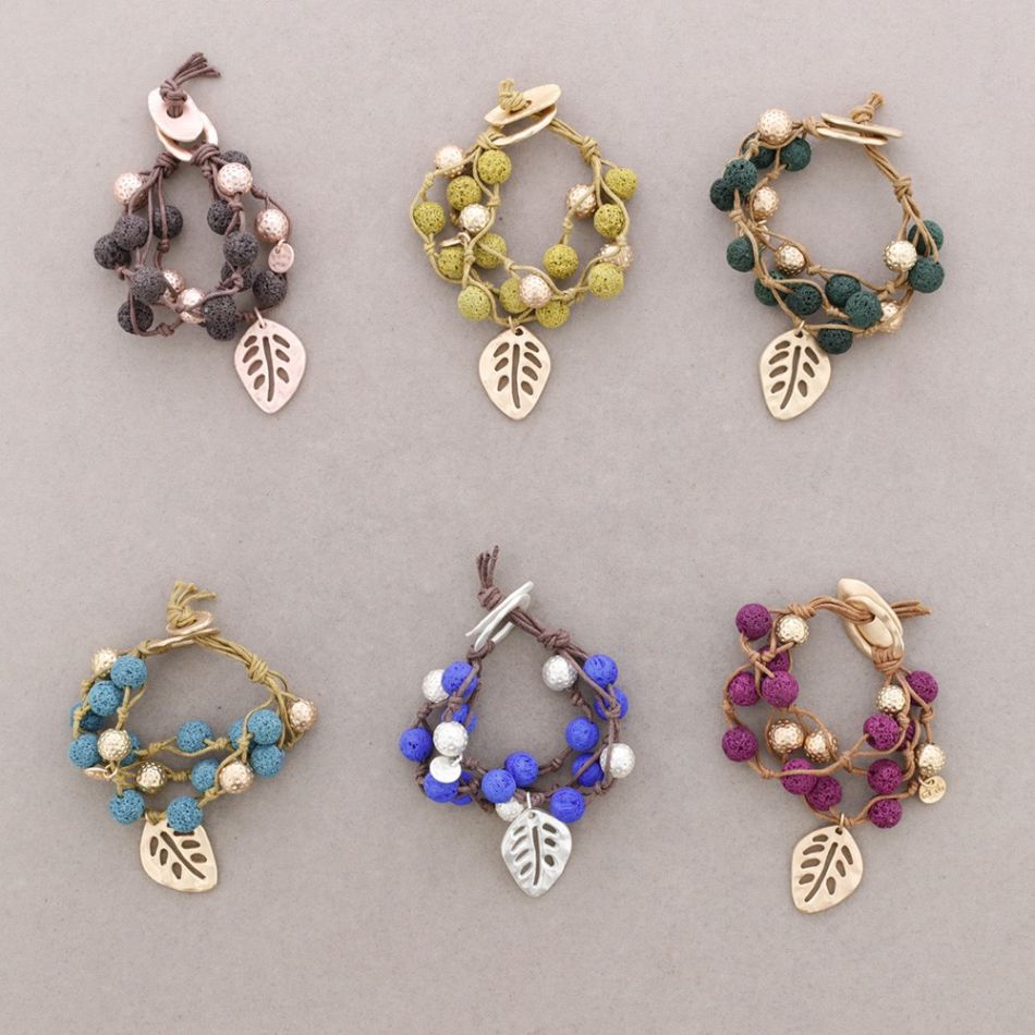 METAL LEAF BRAIDED LAVA BEAD BRACELET