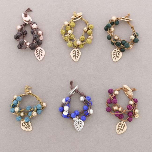 PULSERA CUENTAS LAVAS TRENZADAS HOJA METAL