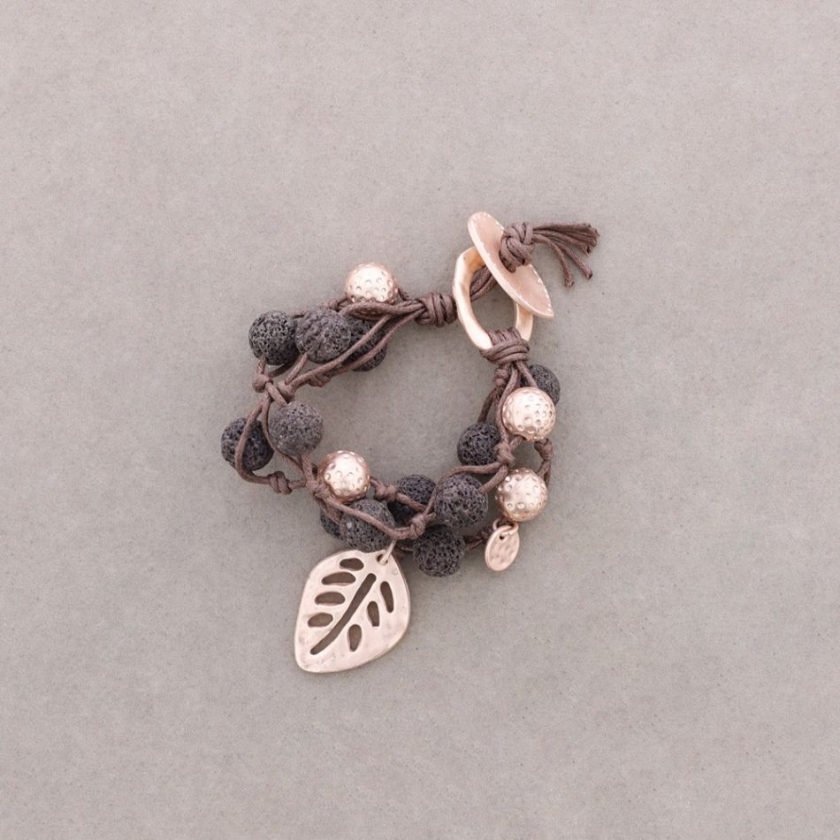 METAL LEAF BRAIDED LAVA BEAD BRACELET