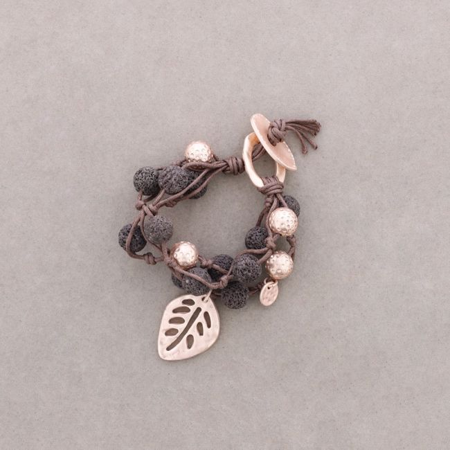 PULSERA CUENTAS LAVAS TRENZADAS HOJA METAL