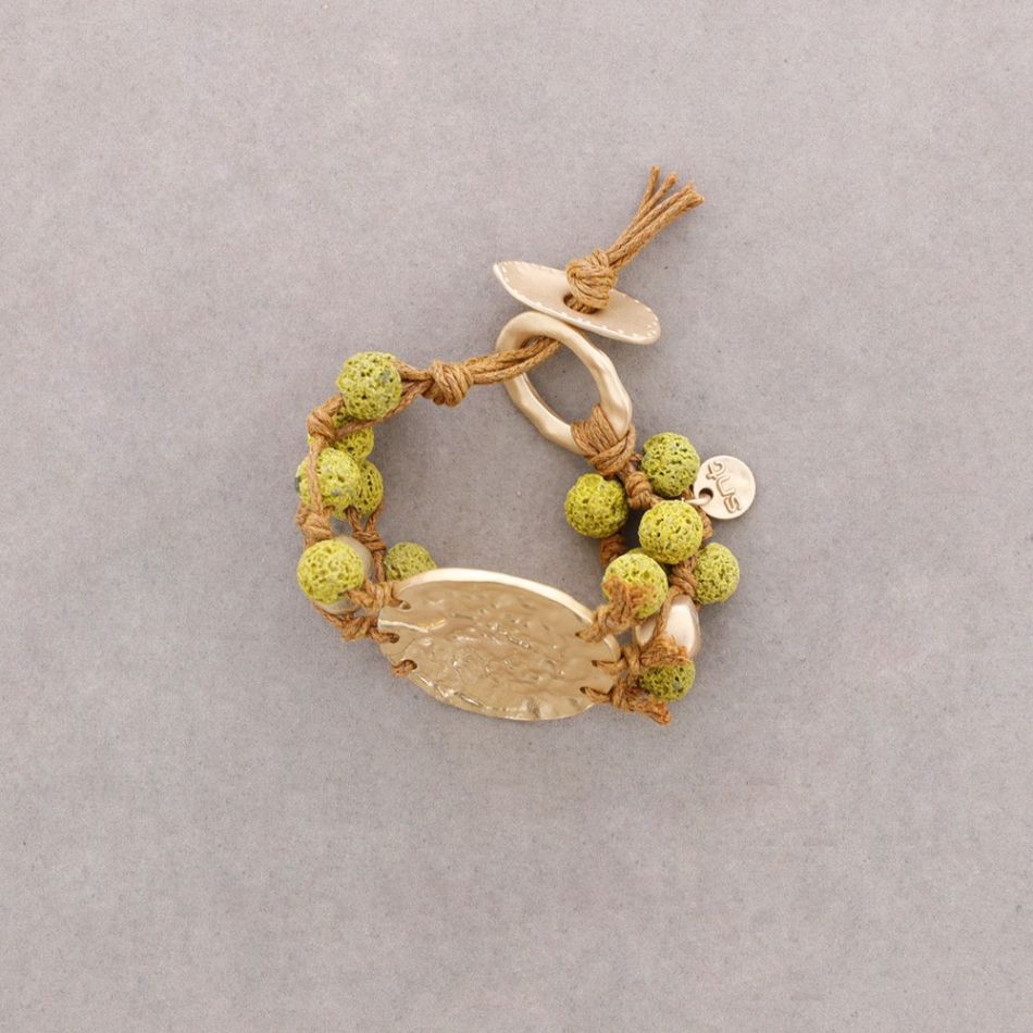 PULSERA CUENTAS LAVAS TRENZADAS MEDALLA METAL