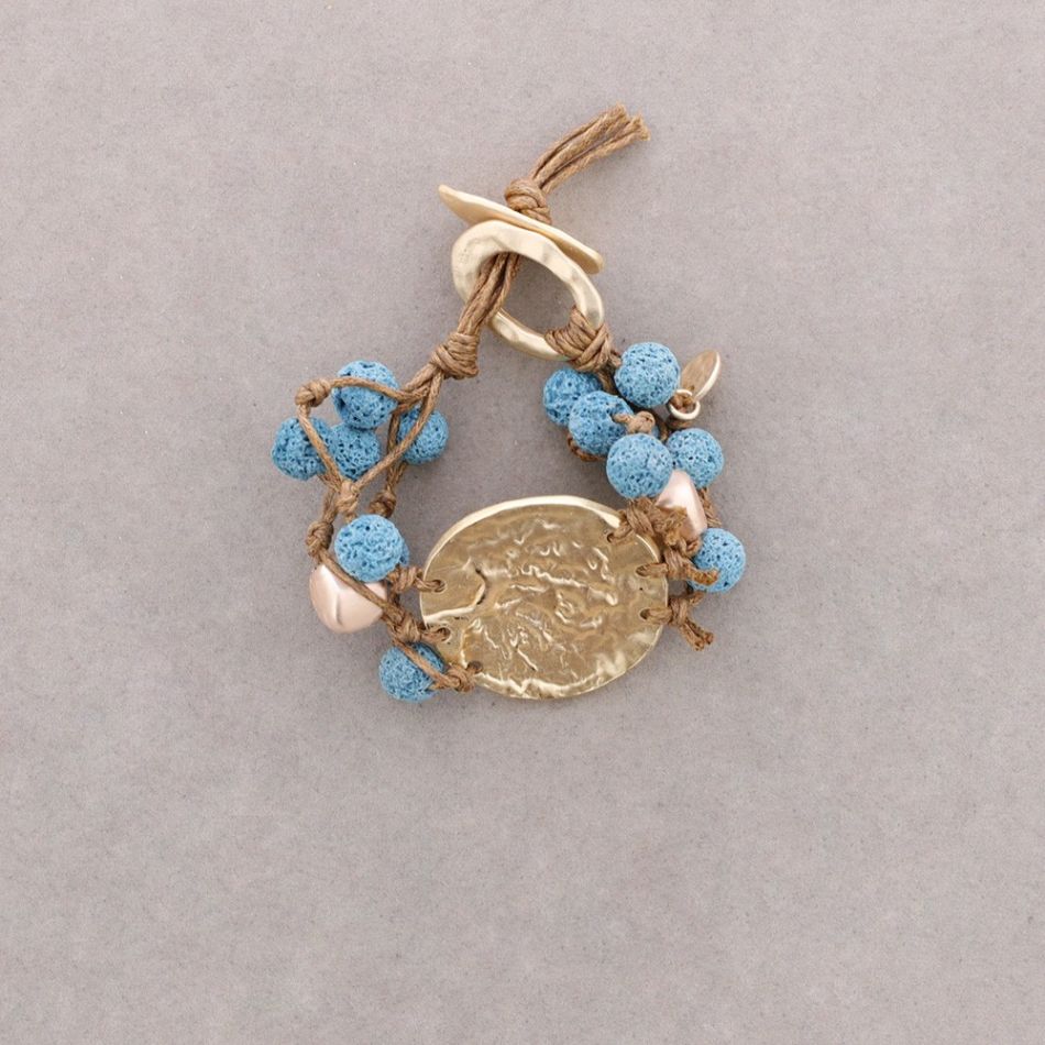 PULSERA CUENTAS LAVAS TRENZADAS MEDALLA METAL