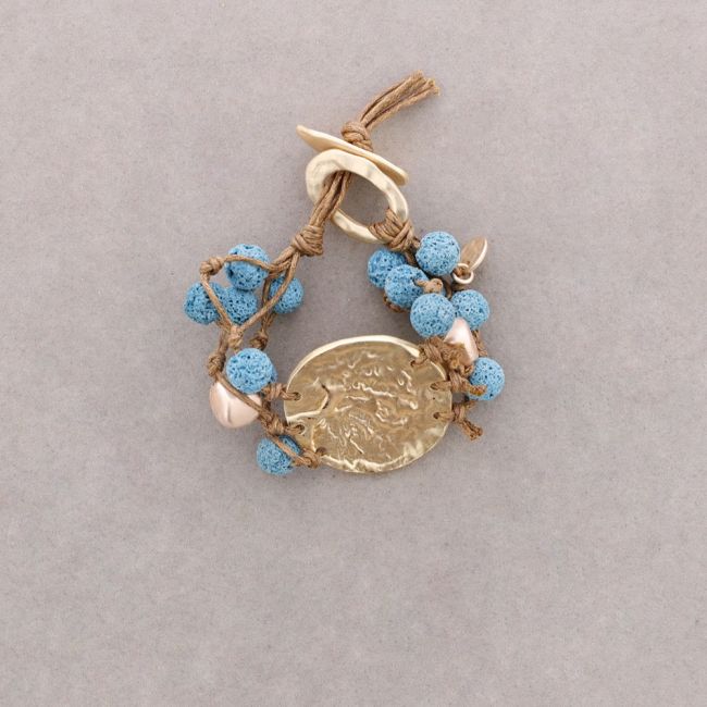 PULSERA CUENTAS LAVAS TRENZADAS MEDALLA METAL