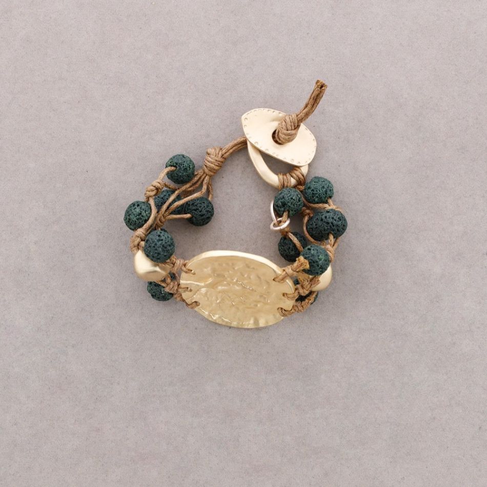 PULSERA CUENTAS LAVAS TRENZADAS MEDALLA METAL