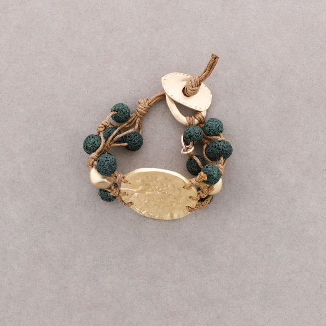 PULSERA CUENTAS LAVAS TRENZADAS MEDALLA METAL