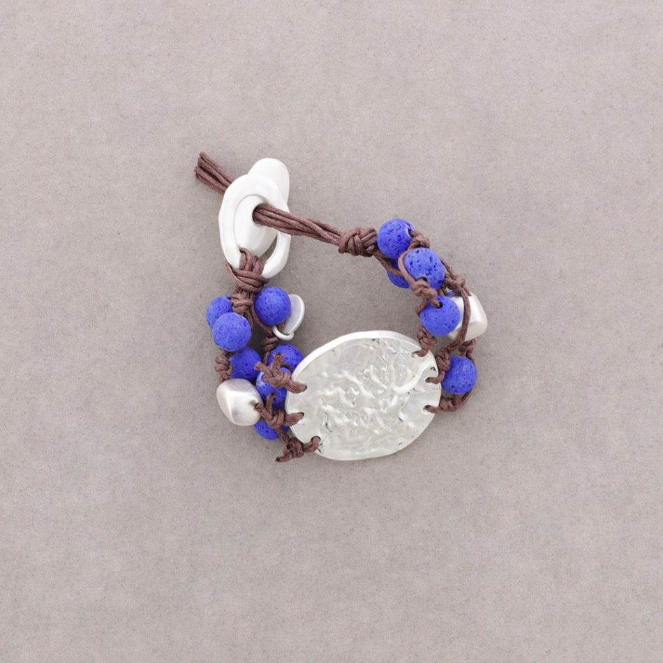 PULSERA CUENTAS LAVAS TRENZADAS MEDALLA METAL