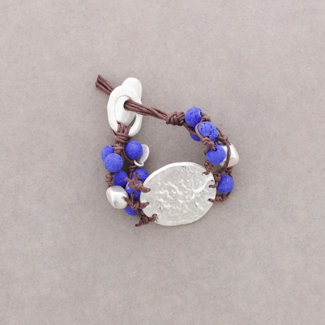 PULSERA CUENTAS LAVAS TRENZADAS MEDALLA METAL