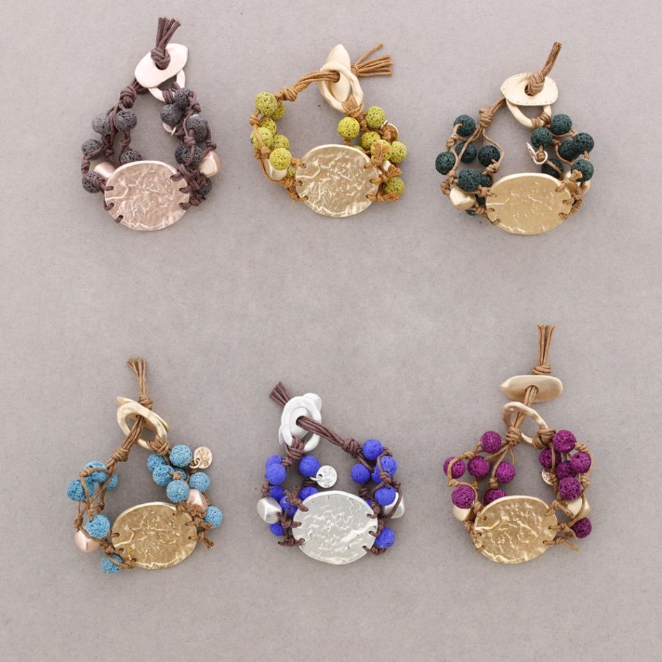 PULSERA CUENTAS LAVAS TRENZADAS MEDALLA METAL