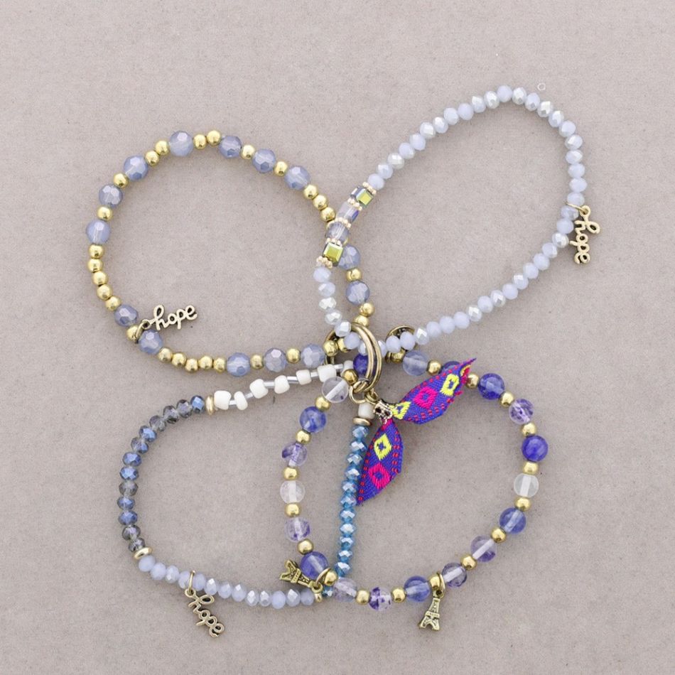 BRACELET 4 STRIPS METAL STONE BEADS
