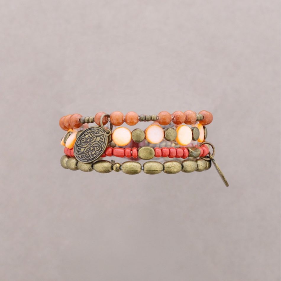 BRACELET 4 STRIPS METAL BEADS STONES