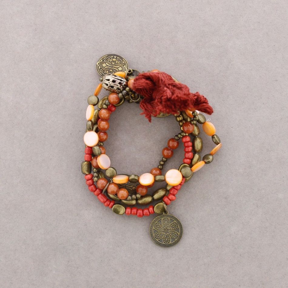 PULSERA 4 TIRAS CUENTAS METAL PIEDRAS