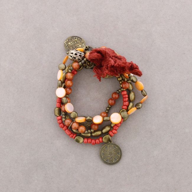 BRACELET 4 STRIPS METAL BEADS STONES