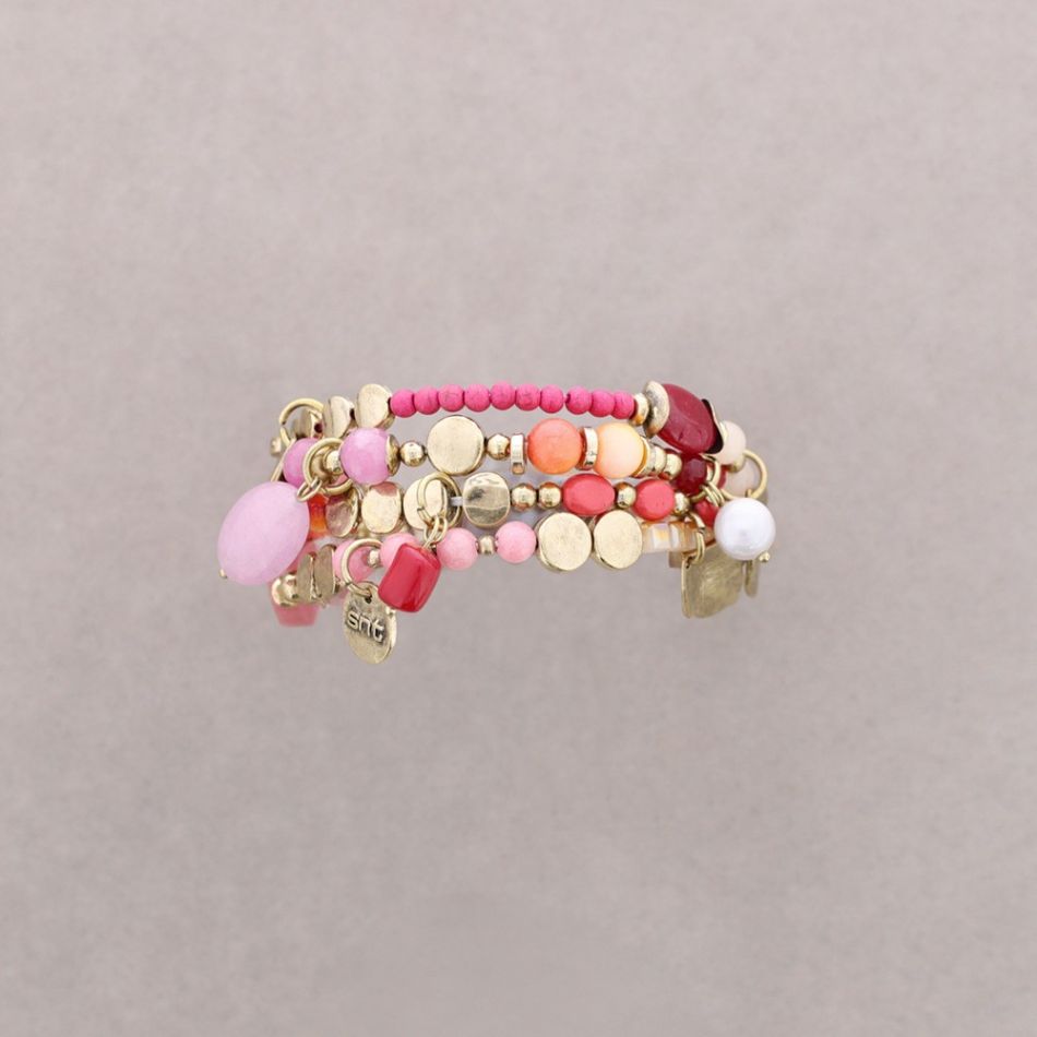 BRACELET 4 STRIPS METAL STONE BEADS