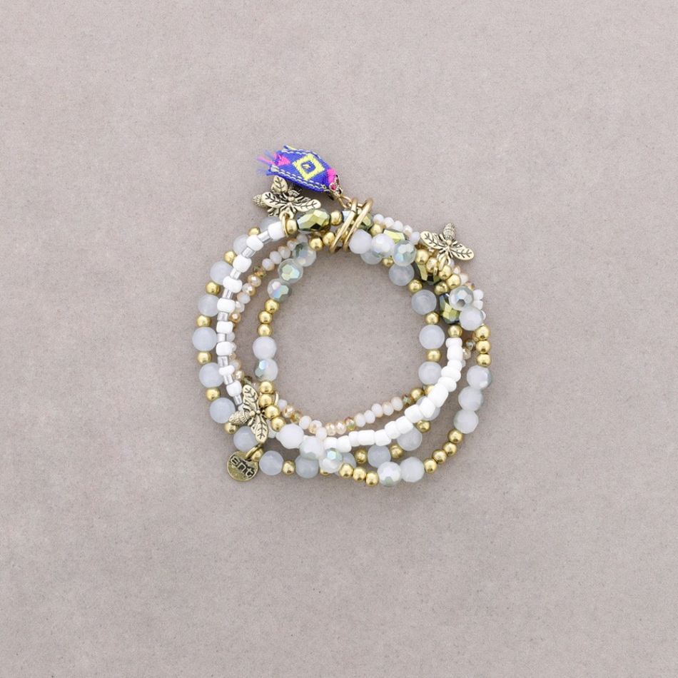 BRACELET 4 STRIPS METAL STONE BEADS