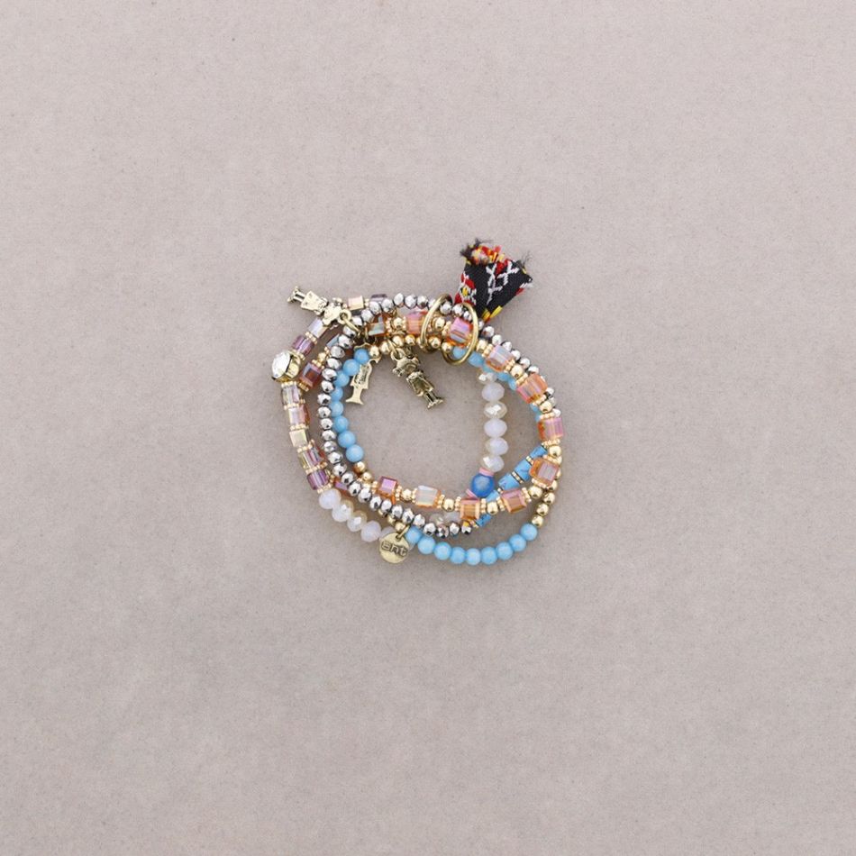 BRACELET 4 STRIPS METAL STONE BEADS