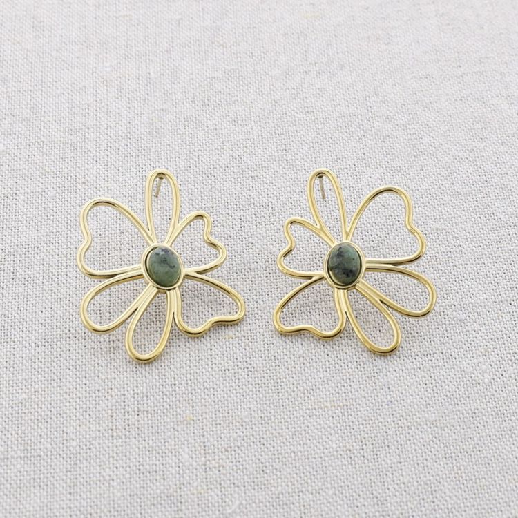 PENDIENTES ACERO PRESIÓN FLOR PIEDRA