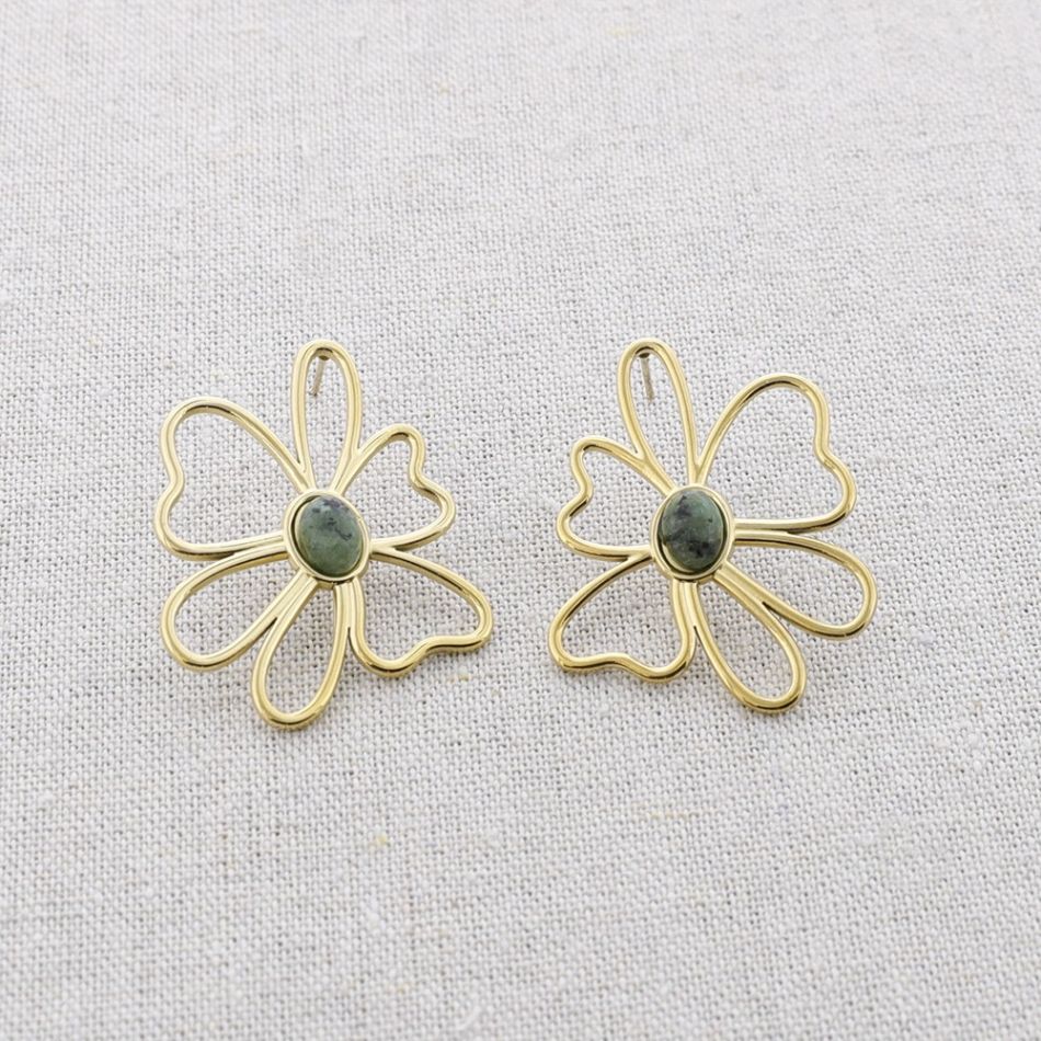 PENDIENTES ACERO PRESIÓN FLOR PIEDRA