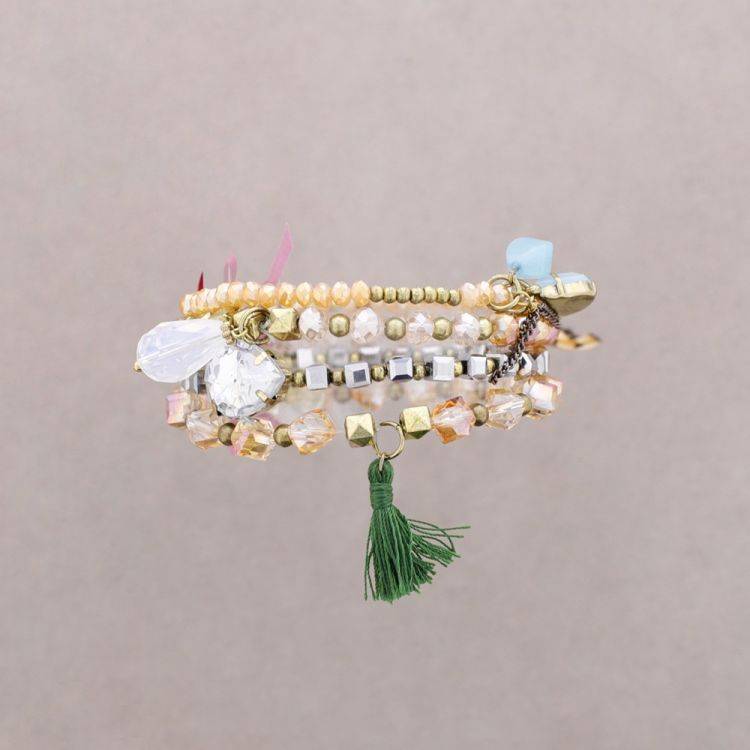 BRACELET 4 STRIPS METAL CRYSTALS BEADS 2