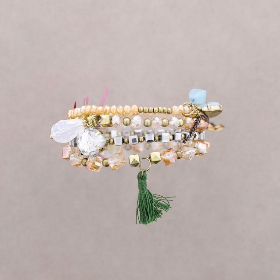 BRACELET 4 STRIPS METAL CRYSTALS BEADS