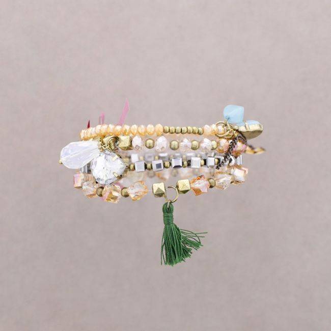 BRACELET 4 STRIPS METAL CRYSTALS BEADS