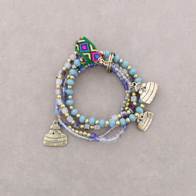 BRACELET 4 STRIPS METAL STONE BEADS