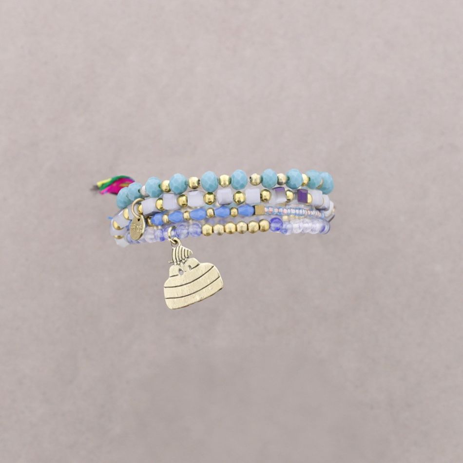 BRACELET 4 STRIPS METAL STONE BEADS