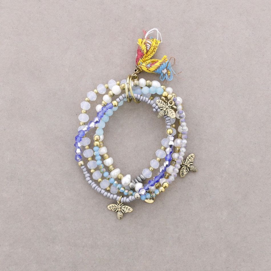 BRACELET 4 STRIPS METAL STONE BEADS