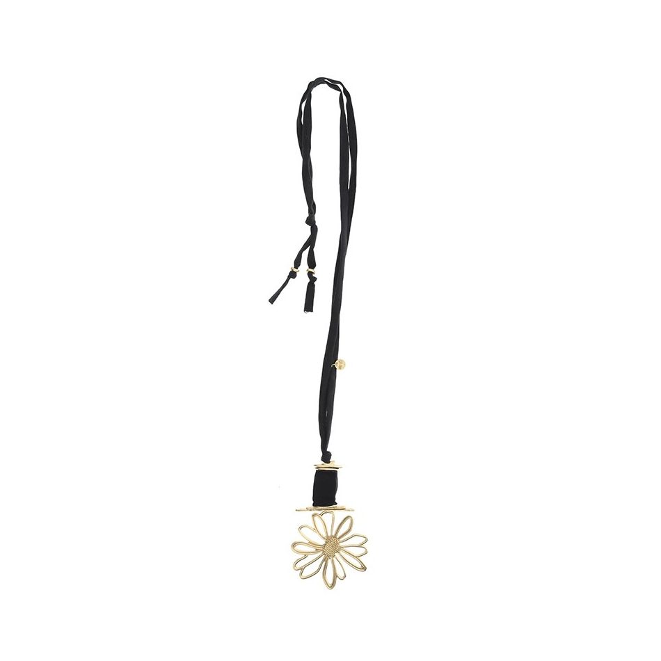 LONG TUBE NECKLACE WITH METAL FLOWER PENDANT