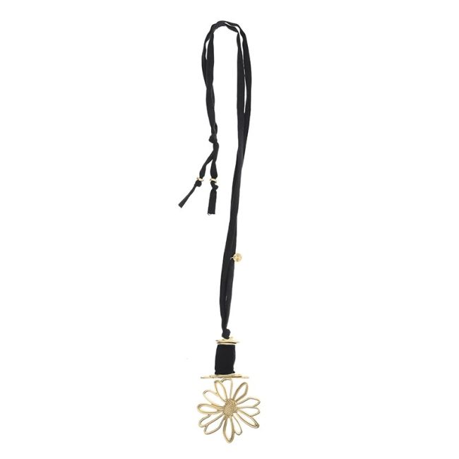 LONG TUBE NECKLACE WITH METAL FLOWER PENDANT