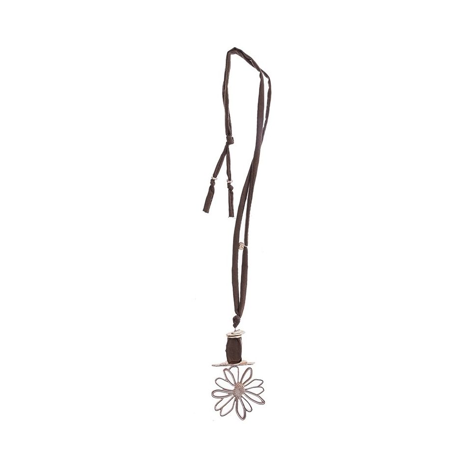 LONG TUBE NECKLACE WITH METAL FLOWER PENDANT