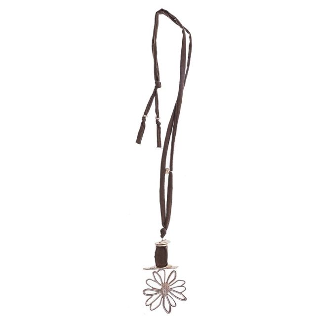 LONG TUBE NECKLACE WITH METAL FLOWER PENDANT