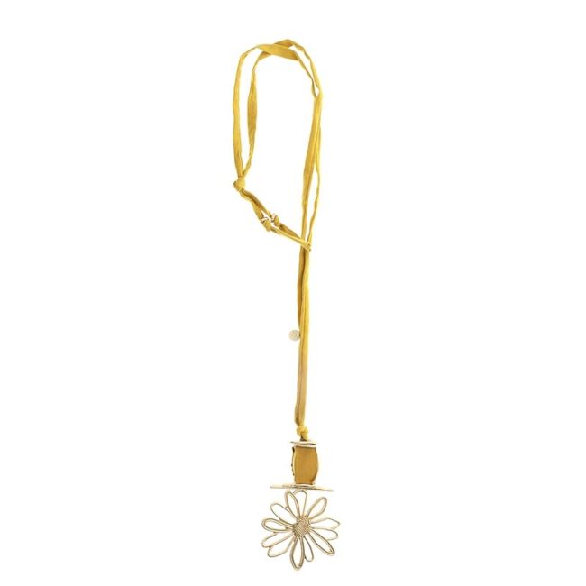 LONG TUBE NECKLACE WITH METAL FLOWER PENDANT