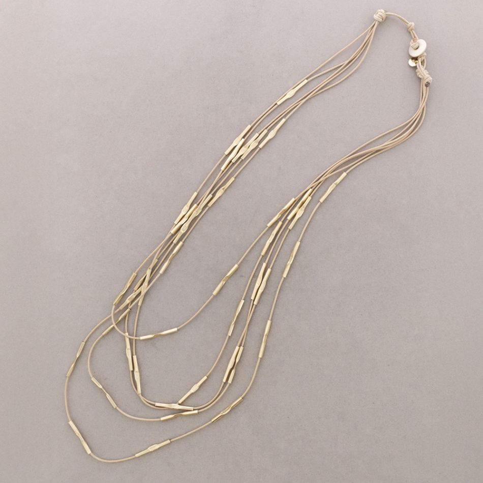 COLLAR LARGO 5 FILAS CUERO CUENTAS METAL
