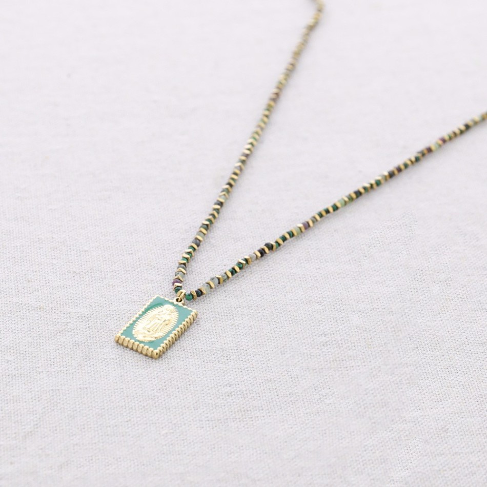 STEEL BEADS AND STONES VIRGIN PENDANT NECKLACE