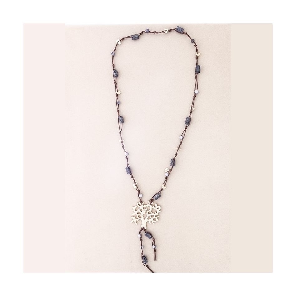 LONG NECKLACE LAVA BEADS METAL TREE PENDANT