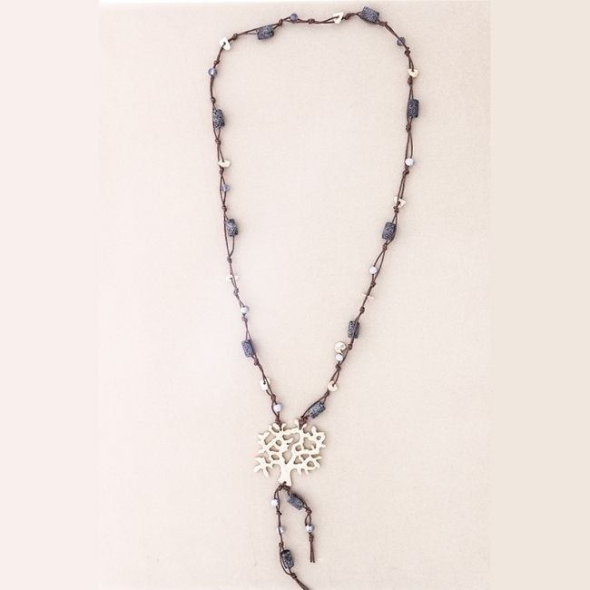LONG NECKLACE LAVA BEADS METAL TREE PENDANT