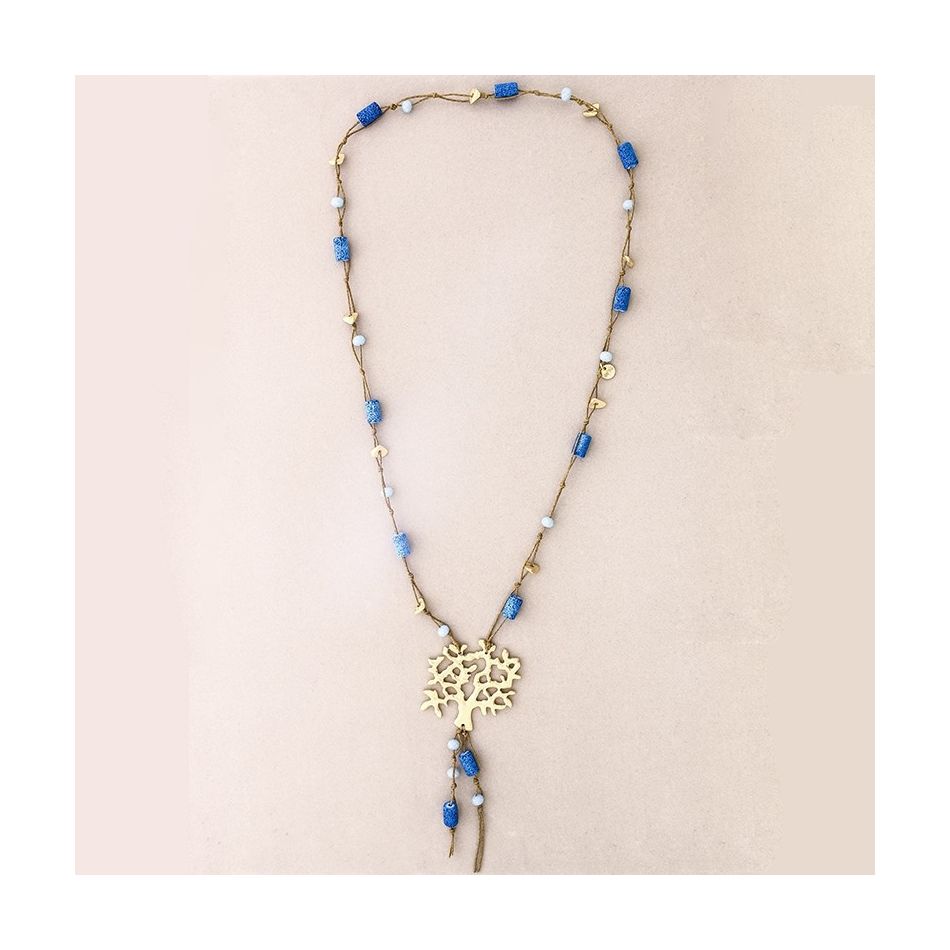 LONG NECKLACE LAVA BEADS METAL TREE PENDANT