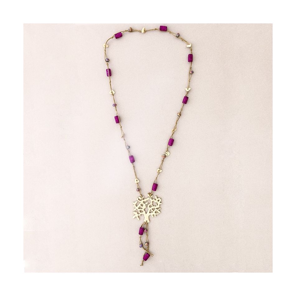 LONG NECKLACE LAVA BEADS METAL TREE PENDANT