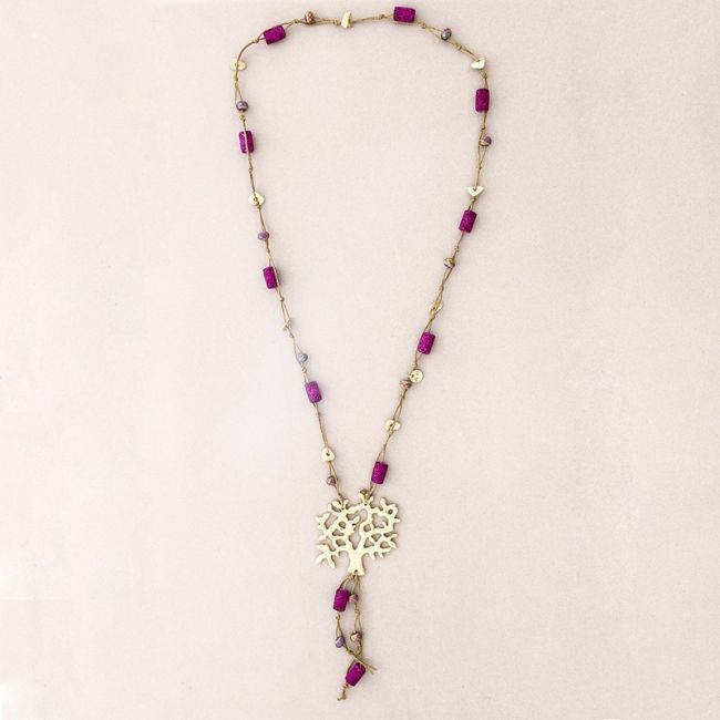 LONG NECKLACE LAVA BEADS METAL TREE PENDANT